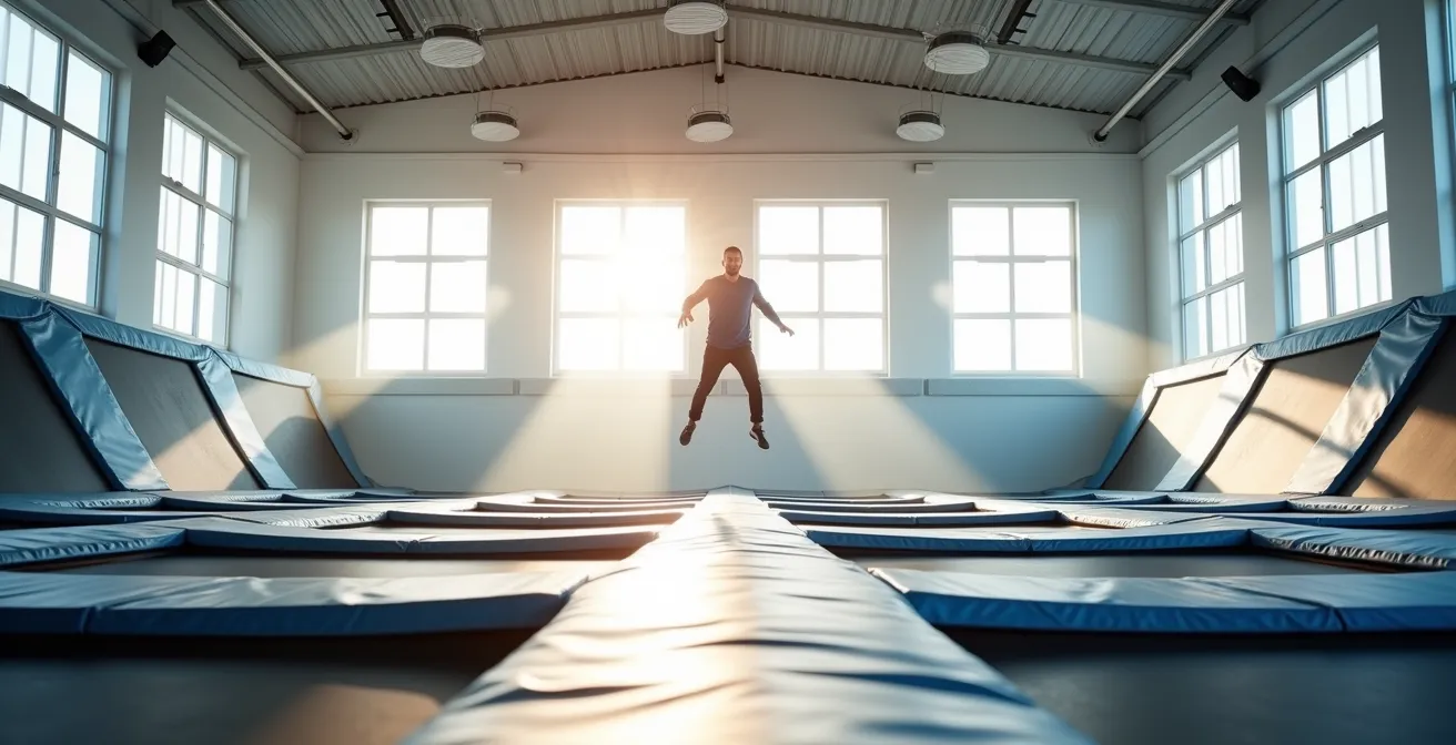 Vue large d'un espace de trampoline park moderne et épuré